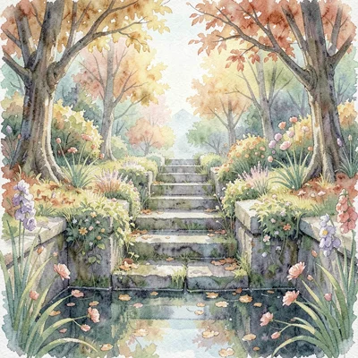 soft wash of a sunken garden with stone steps in autumn light