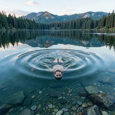 Finnish lake mirror, dead-calm reflection, the moment of entering cold water aft