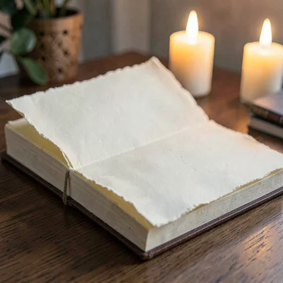 Cream paper folded into an open binder of carbon copies, edges deckle-rough, can