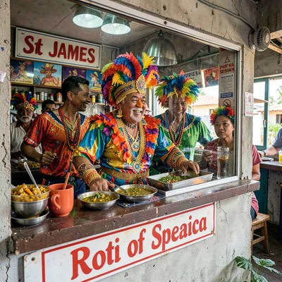 Carnival saturation explosion in Port of Spain, Trinidad, Roti shop counter in S