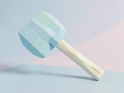 Hefty sky-blue lowpoly battle axe with a mint blade head and chunky cream wooden