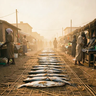 Golden Harmattan dust haze in Bamako, Mali, Dried fish laid out on reed mats at 