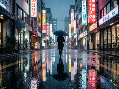 A rain-soaked street reflecting Tokyo neon signs like a parallel universe, a sin