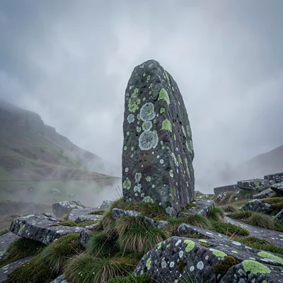Highland atmospheric mist, Skye grey-green-purple, Standing stone wrapped in low
