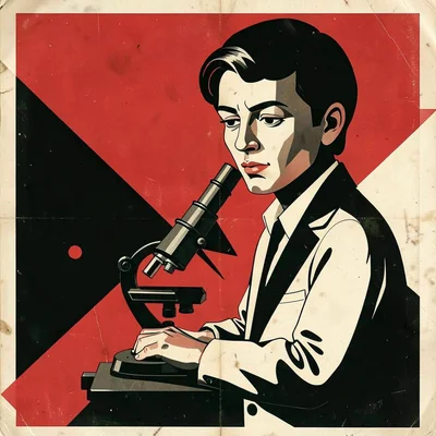 Soviet constructivist poster illustration, a scientist with microscope in stark 