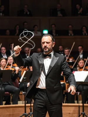 Conductor mid-symphony, baton tracing shape of music itself