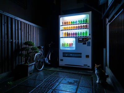 A drink vending machine in a narrow Kyoto residential alley at 1am, the machine'