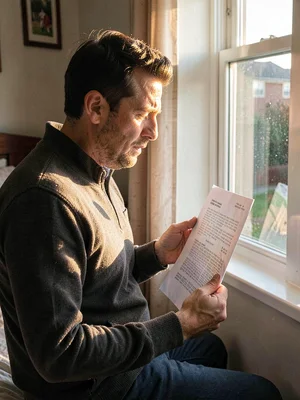 Man reading diagnosis letter by bedroom window, morning light revealing every em