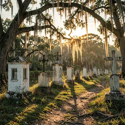 Atmospheric photograph with Louisiana bayou sensibility, Cemetery above ground t