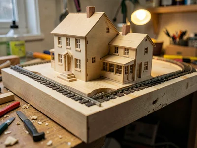Scratch-building a structure, balsa wood pieces cut and glued, reference archite