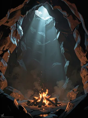 Hidden bandit cavern lit by a single sky-fissure beam over a smouldering campfir