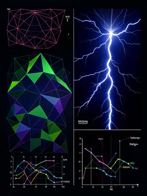Lightning photograph with electrical discharge diagram and voltage annotations