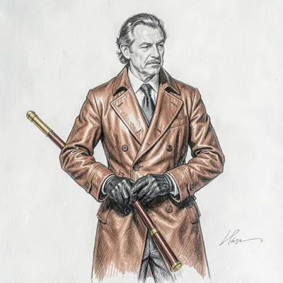 The polished diplomat tucks brass-tipped cane under arm, long copper-buttoned co