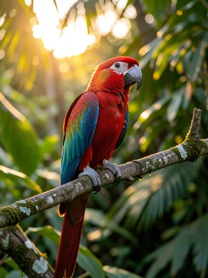 Parrot perched on a branch in tropical foliage, vivid scarlet and blue feathers