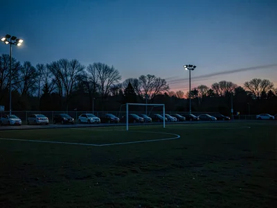 Soccer field with lone goal, practice over, parents' cars disappearing from park