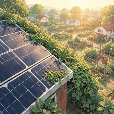 Close-up of solar panel edge where sedum has colonized the gap between panel and