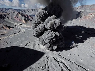 Ash cloud shadow on landscape below