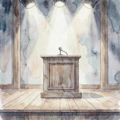 Pale wash of a podium on a wooden stage with house lights low