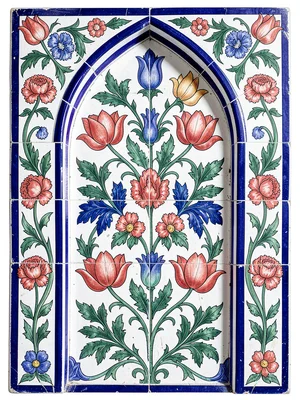 Niche panel — pointed arch form filled with dense floral arrangement, cobalt sur