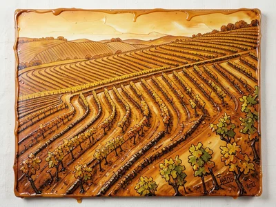 A vineyard on hillside terraces with rows following the contour lines of the slo