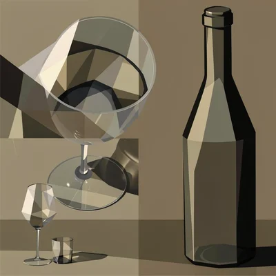 Bottle and glass on a bar — the glass simultaneously from above and side, bottle