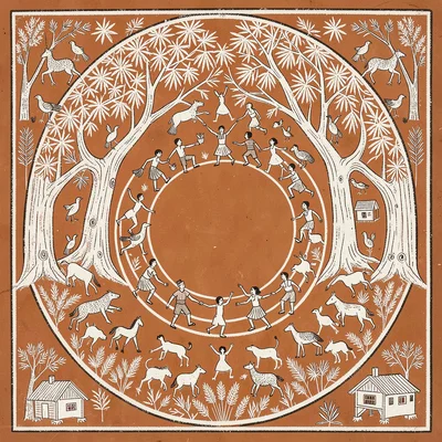 Sacred grove — dense circle of trees, animals and birds gathered inside