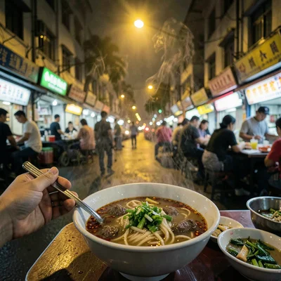 Beef noodle soup being served