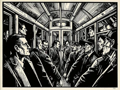 Crowded tram interior, faces compressed into sharp angular wedges