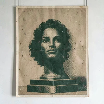 Bold screenprinted poster of a halftone plinth bearing an abstract halftone form