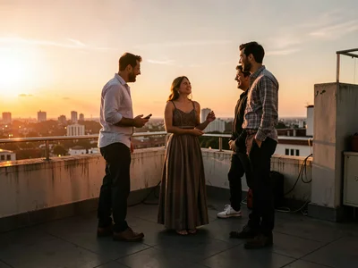 Friends on rooftop at golden hour
