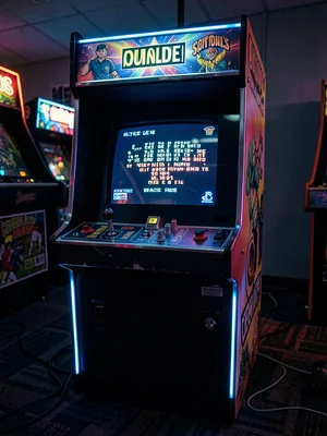Single Cabinet Front View in Dark Arcade