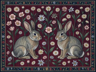 Rabbit Family on Red Millefleur Ground