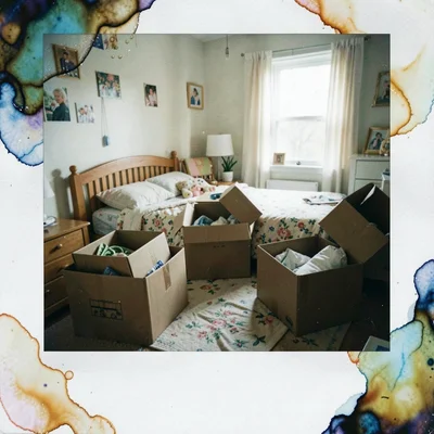 Childhood bedroom being emptied into boxes, shot on expired Polaroid 600 with ch