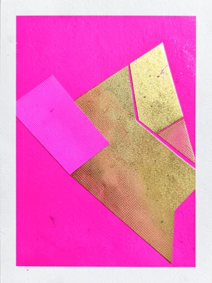 Abstract risograph composition, overlapping geometric shapes in fluorescent pink