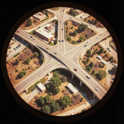 Highway interchange cloverleaf from above in View-Master circular frame format