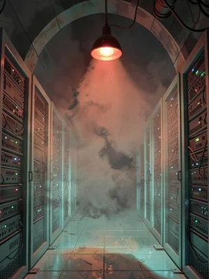 Cavelike sci-fi data vault with a single emergency-lamp shaft through smoke, war