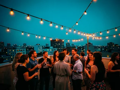 A rooftop party at blue hour, string lights creating warm orange dots against th