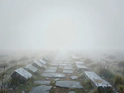 Roman road remnant pointing across a fogged plain, paving stones tilted with fro