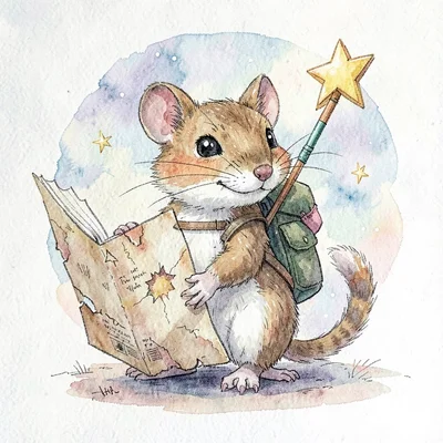 A friendly mouse traveler with torn-paper map and crayon arrow pointing to a sta