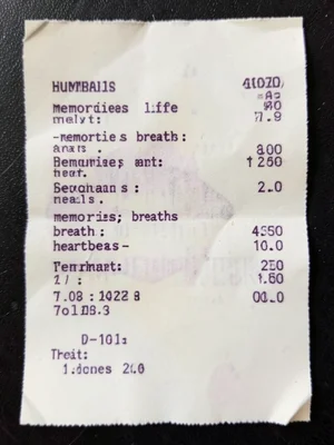 A receipt showing the itemized cost of a human life — memories, breaths, heartbe