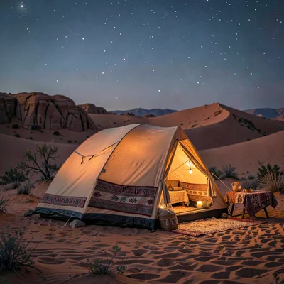 Warm desert-toned photograph, Desert camp at blue hour, single tent glowing from