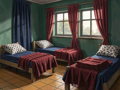 Rose-curtained orphan's dormitory at first light with one row of small windows, 