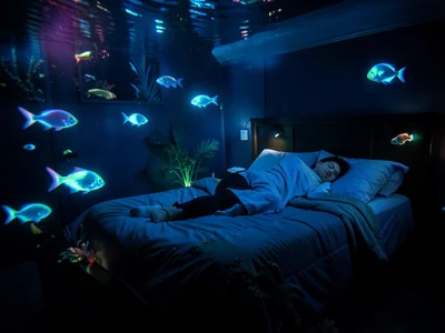 Bedroom with person sleeping in bed, underwater, bioluminescent fish as nightlig