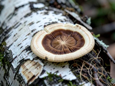 Bracket fungus on a fallen birch trunk showing concentric annual growth rings in