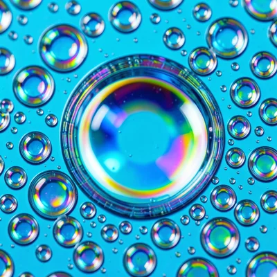 Large dominant oil bubble surrounded by satellite micro-bubbles on cyan water su