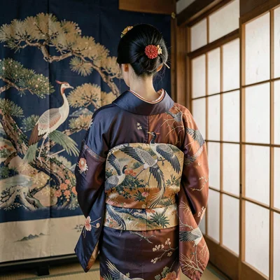 Through the textile eye of Kyoto, woven and dyed, A geisha from behind, her obi 