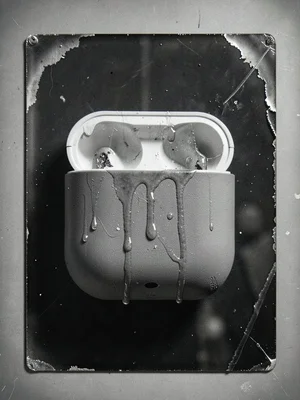AirPods Pro in charging case, wet collodion rendering with deep blacks and cream