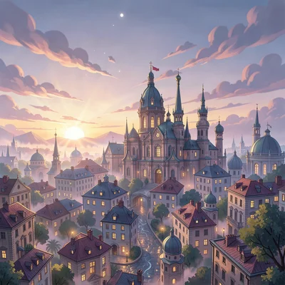 Neural network style illustration, city of dreams at twilight , diffusion model 