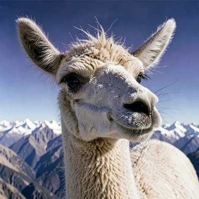 High altitude photograph, thin mountain air, An alpaca up close, its eyes dark a