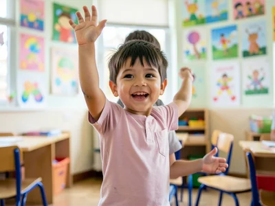 Child raising hand enthusiastically in a bright elementary classroom, colorful a